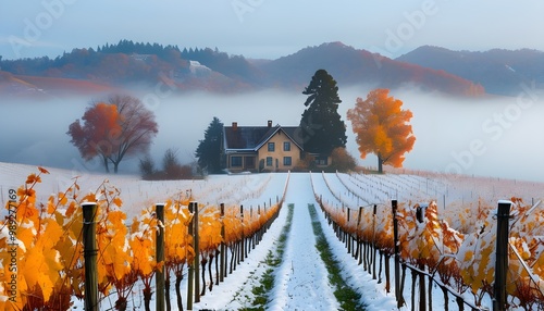 Snow-dusted vineyard enfolds rustic house in autumn mist, capturing serene countryside charm and tranquil rural beauty. photo