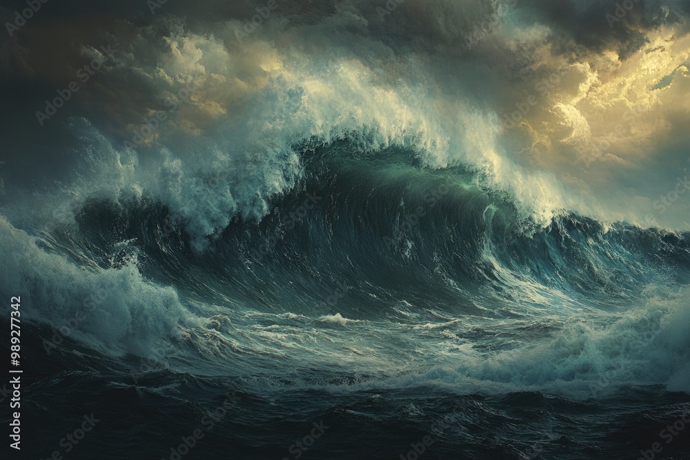 Majestic ocean wave under dramatic skies