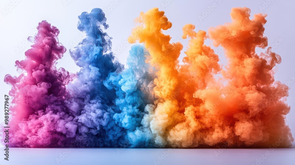 vibrant explosion of colorful smoke bombs against a stark white ...