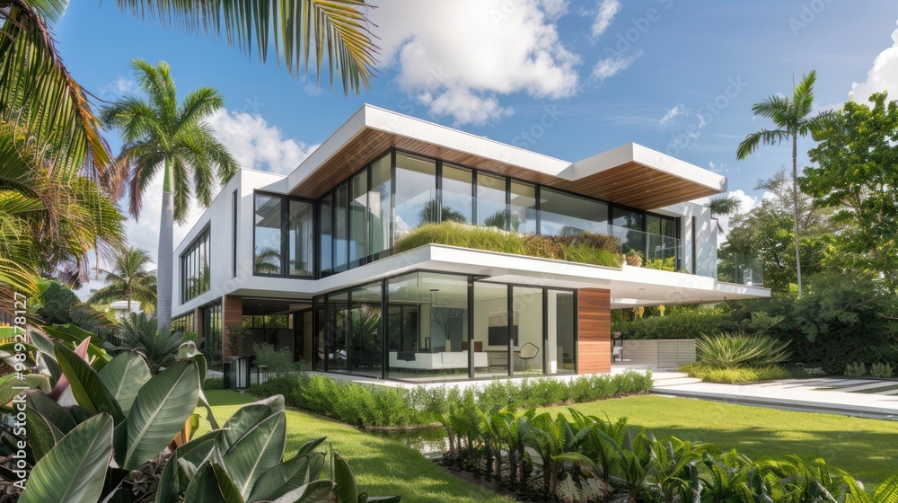 Modern White House with Tropical Plants Modern White House with Tropical Plants