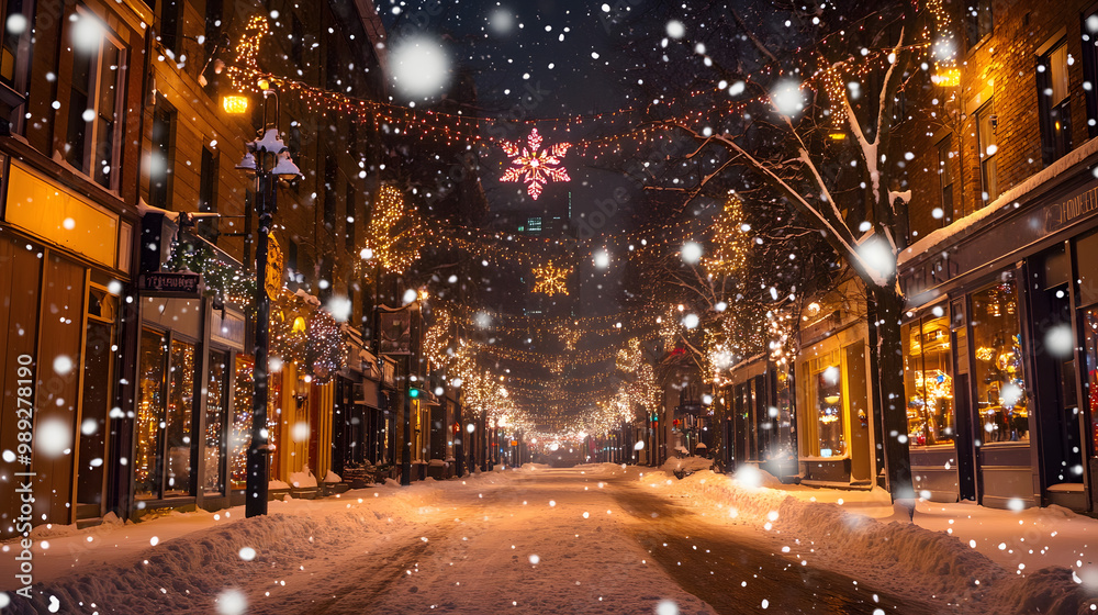A city street during the holiday season decorated with lights and a light snowfall covering the ground. A city street during the holiday season decorated with lights and a light snowfall covering the ground.