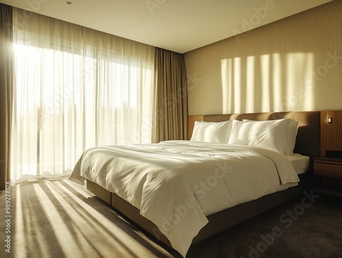 Serene modern bedroom with soft sunlight streaming in