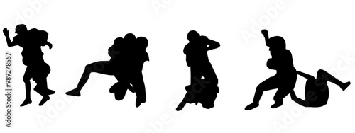 Set of silhouettes of male American football players. Various player poses. Isolated on a white background.