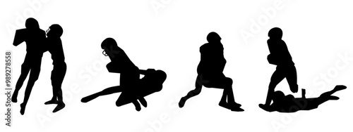 Set of silhouettes of male American football players. Various player poses. Isolated on a white background.