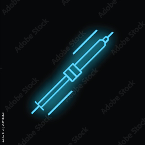 Blue neon icon of a soldering iron, a tool for melting solder used in electronics repair
