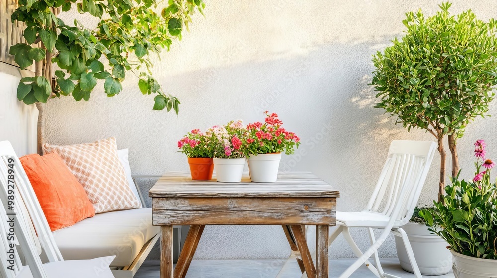 Fototapeta premium Small patio with a weathered wood table, white chairs, and a few flowering pots