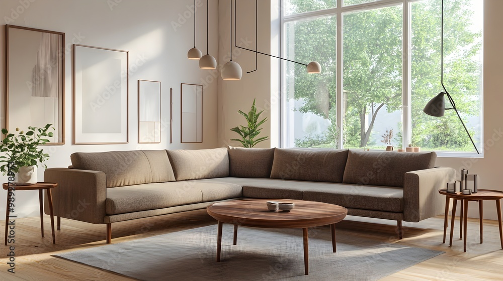 Fototapeta premium Cozy and Inviting Modern Living Room with Plush Sectional Sofa and Mid Century Accents