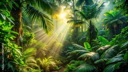 Stunning sunlight filtering through lush green foliage, creating a mystical atmosphere in a tropical jungle.