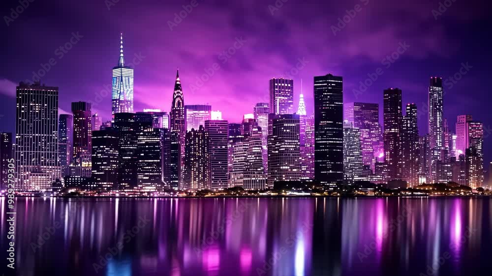 The New York City skyline shines brightly under a purple sky at night The New York City skyline shines brightly under a purple sky at night