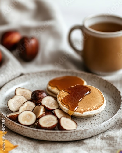 A cozy breakfast scene featuring pancakes with syrup and sliced bananas on a plate.