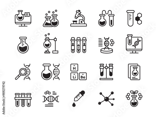 Chemistry icons. Chemical lab. Science research. Laboratory test tube. Scientific equipment like beaker and glass flask. microscope. Genome chromosomes diagnostic. Vector pictograms set