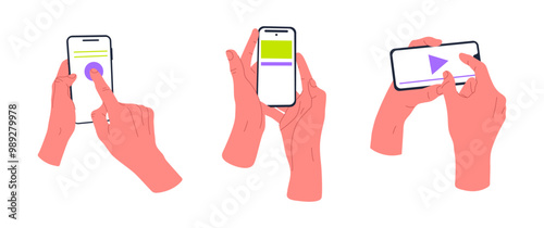 Smartphone in hands. Mobile phones users, human hand touch screen, fingers scrolling and tapping device screen flat vector illustration set. Cartoon hands holding smartphone