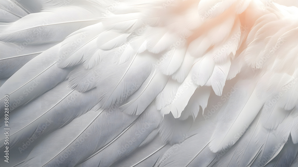 Obraz premium Closeup, white and feathers background for peace, calm and spirituality for God, religion and hope. Ai generated, feather and bird plumage for creative banner, texture or detail space for angel faith
