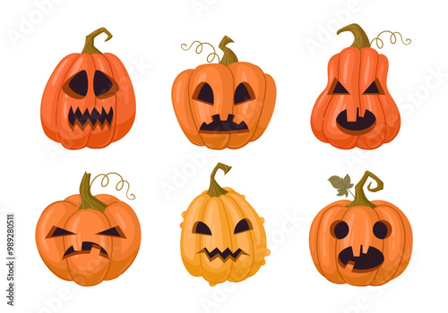 Spooky carved pumpkin faces. Cartoon Halloween pumpkins, holiday pumpkins jack-o-lantern decorations flat vector illustration set. Scary Halloween gourd ghost faces