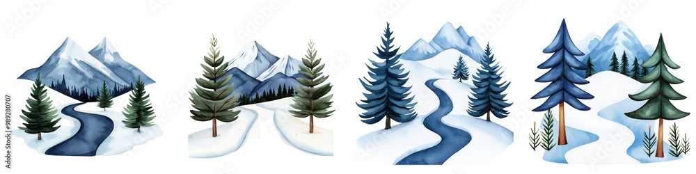 Obraz premium Four scenic winter landscapes with snow-covered mountains and a winding river, ideal for die-cut designs.
