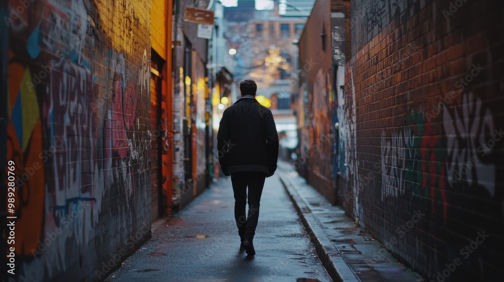 Man Walking Through Colorful Urban Alleyway at Dusk Man Walking Through Colorful Urban Alleyway at Dusk