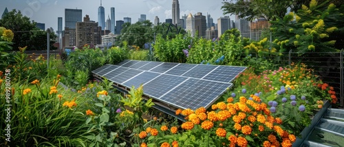 Vibrant rooftop garden with solar panels surrounded by colorful flowers and a city skyline in the background. photo