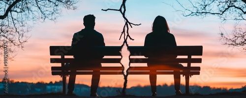 Couple sitting apart on a park bench, focus on the space between them, muted earthy tones, Double exposure silhouette with broken branches,