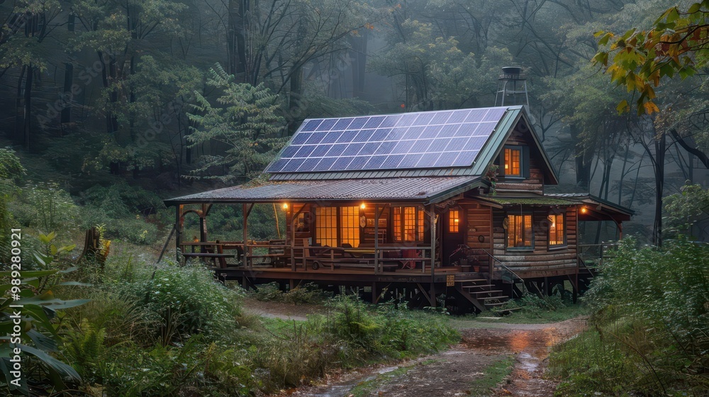 A cozy wooden cabin illuminated at dusk, with solar panels on the roof, surrounded by lush forest greenery and mist.