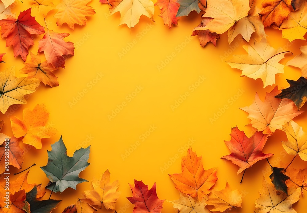 Autumn Leaves Border on Yellow Background Autumn Leaves Border on Yellow Background
