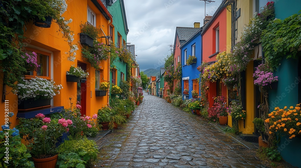 Fototapeta premium vibrant narrow street in kinsale ireland colorful townhouses with flower boxes cobblestone path quaint shops warm sunlight