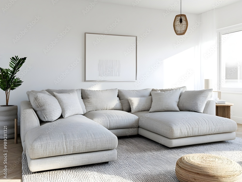 Fototapeta premium A 3D rendered image of a cozy and inviting modern living room featuring a large comfortable sectional sofa minimalist and stylish decor bright natural lighting mid century modern aesthetic