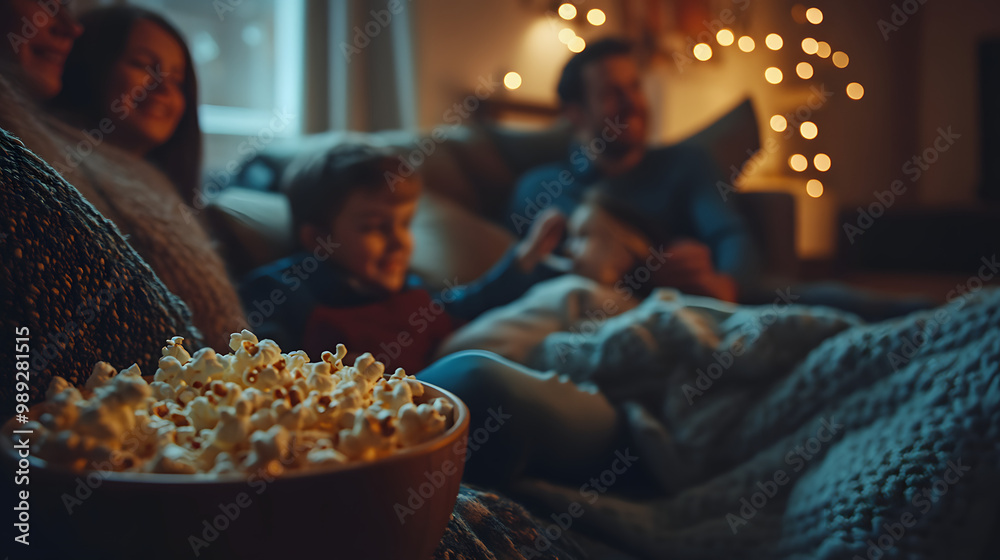 A cozy family movie night at home blankets and pillows scattered and popcorn bowls shared among family members. A cozy family movie night at home blankets and pillows scattered and popcorn bowls shared among family members.