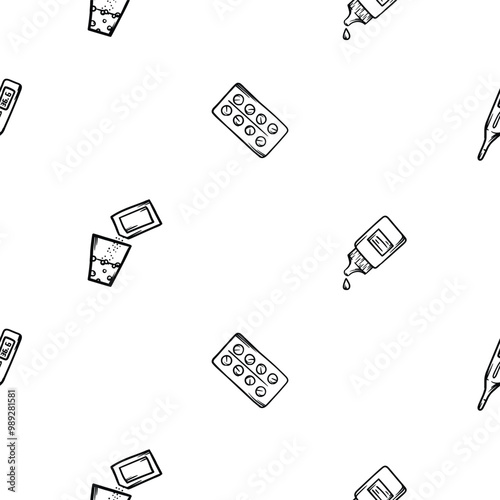 Simple black and white seamless pattern with pills, nasal drops and medicinal tea icon. Editable vector background related to diseases, flu, coronavirus, epidemic and quarantine