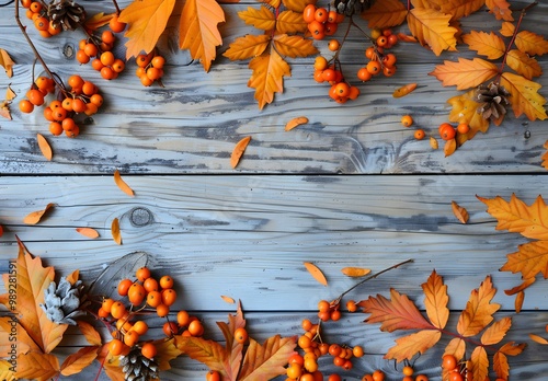 Autumn Leaves & Berries on Wooden Background