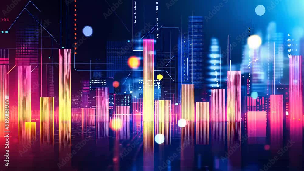Vibrant Data Visualization With Glowing Bar Charts And Futuristic City