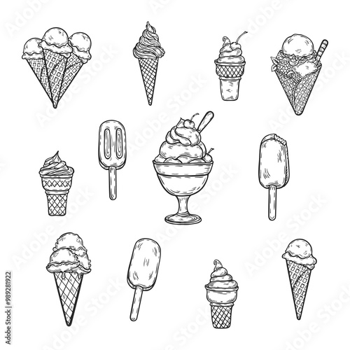 Line drawing of ice cream. Ice cream set or set of different types of ice cream. Vector black ink food outline sketch illustration with delicious ice cream, ice cream in a cup, ice cream on a stick,