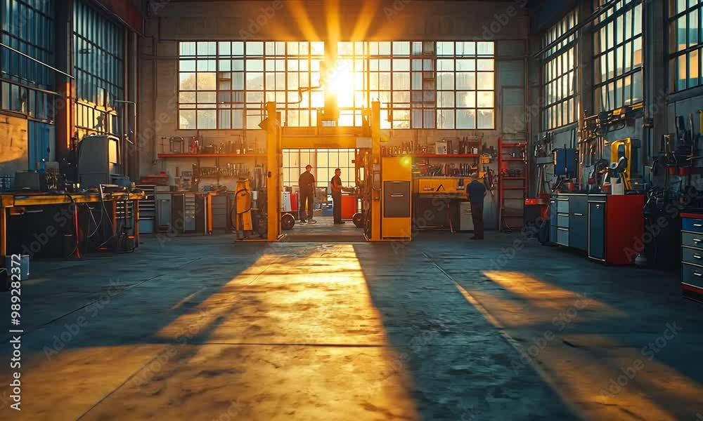 A sunlit industrial workshop with tools and machinery in view.