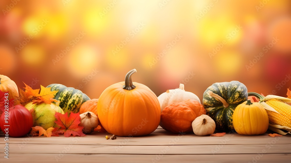 Autumn Harvest: Pumpkins & Vegetables on Wooden Table Autumn Harvest: Pumpkins & Vegetables on Wooden Table