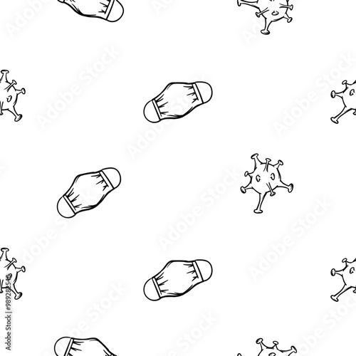 Simple black and white seamless pattern with medical mask and virus icon. Editable vector background related to diseases, flu, coronavirus, epidemic and quarantine photo