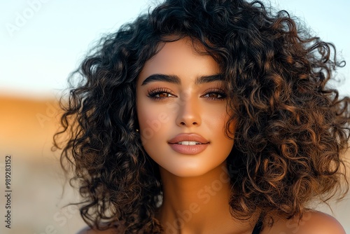 A close-up portrait of a woman with curly hair, her natural beauty emphasized by the soft, golden sunset light