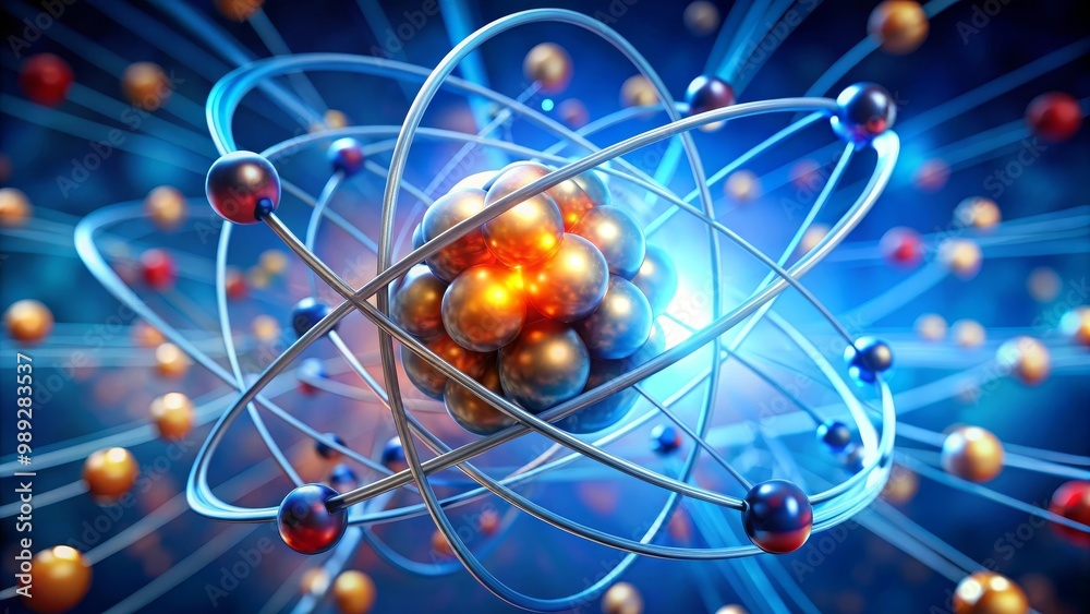 Electrons are orbiting around the nucleus of an atom, on a blue background Electrons are orbiting around the nucleus of an atom, on a blue background