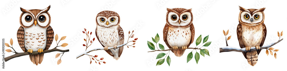 Obraz premium A collection of four colorful owls perched on branches with autumn leaves, white isolated background.