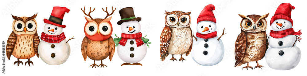 Fototapeta premium A festive collection of cute owls and snowmen in winter hats, perfect for seasonal decorations and crafts.