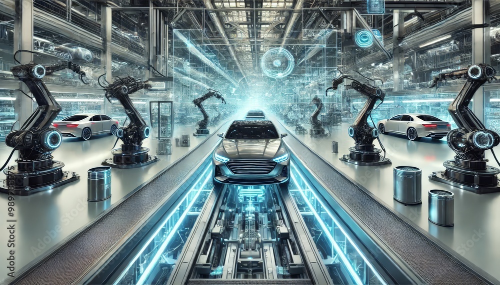 Advanced robotic arms assemble modern cars in a high-tech automotive factory, showcasing futuristic automated manufacturing processes. Advanced robotic arms assemble modern cars in a high-tech automotive factory, showcasing futuristic automated manufacturing processes.