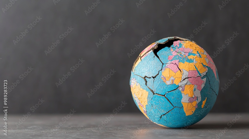 A cracked globe, with pieces labeled Tariffs and Sanctions falling apart, trade conflict, international economic instability A cracked globe, with pieces labeled Tariffs and Sanctions falling apart, trade conflict, international economic instability