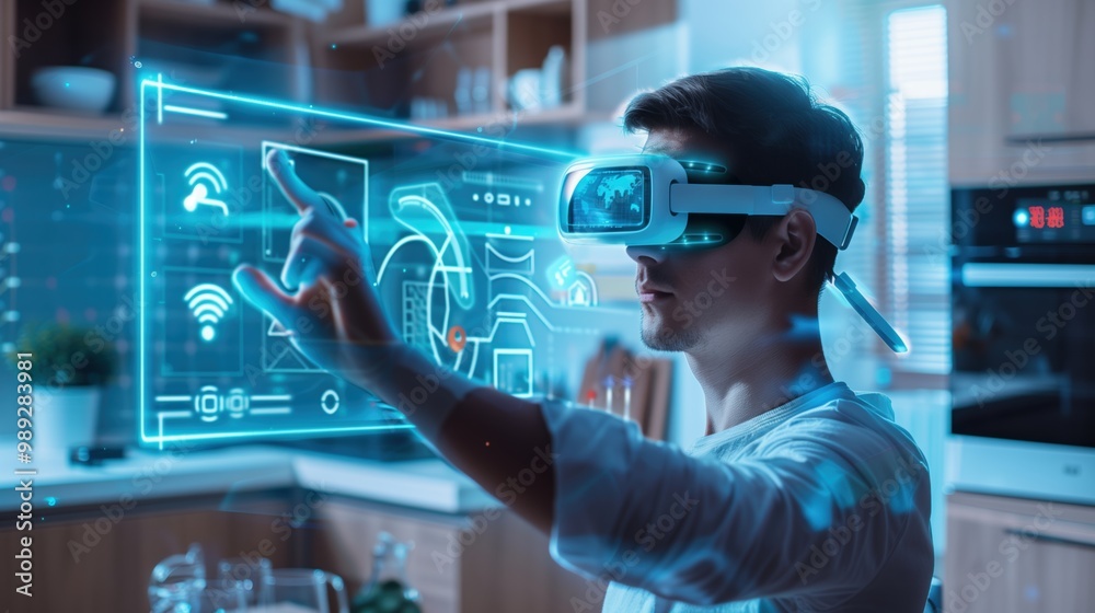 People Using VR Headsets with Futuristic Digital Holograms People Using VR Headsets with Futuristic Digital Holograms