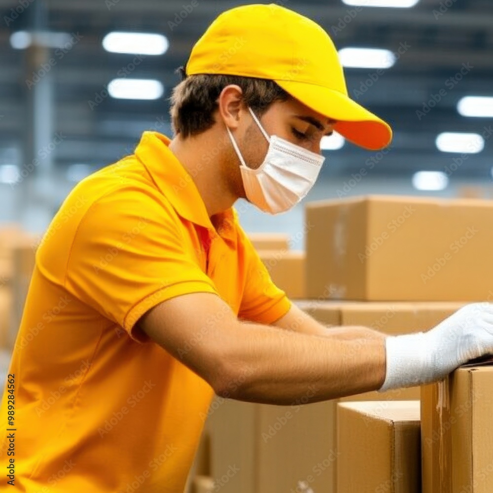 Young worker in an orange uniform carefully organizing boxes in a warehouse during the day Young worker in an orange uniform carefully organizing boxes in a warehouse during the day