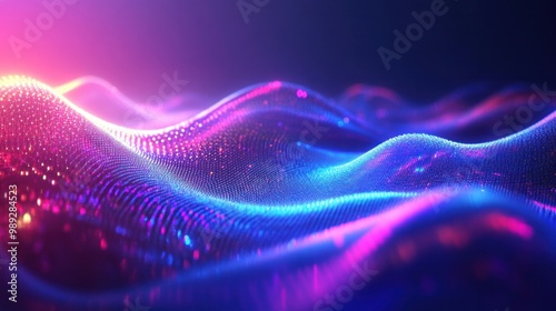 Abstract holographic gradient wave of particles, glowing in neon lights. Dynamic fluidity and futuristic energy create a striking digital wallpaper design