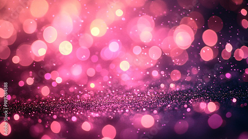 Abstract bokeh of red, pink, and purple gold glow particles on a dark background with copy space, creating a mesmerizing and dreamy visual effect