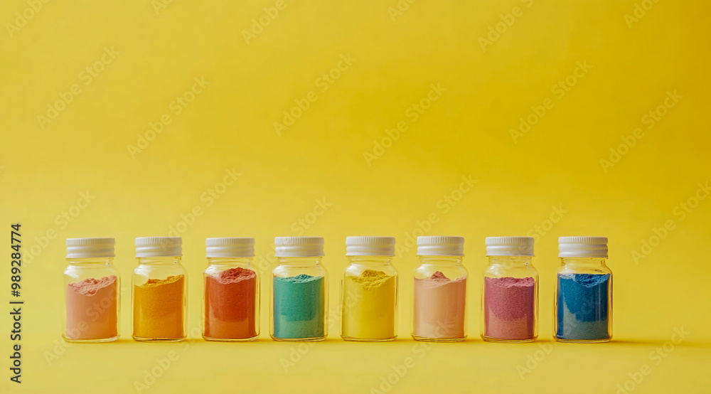 A row of various colored powder paints in small glass bottles on a yellow background.