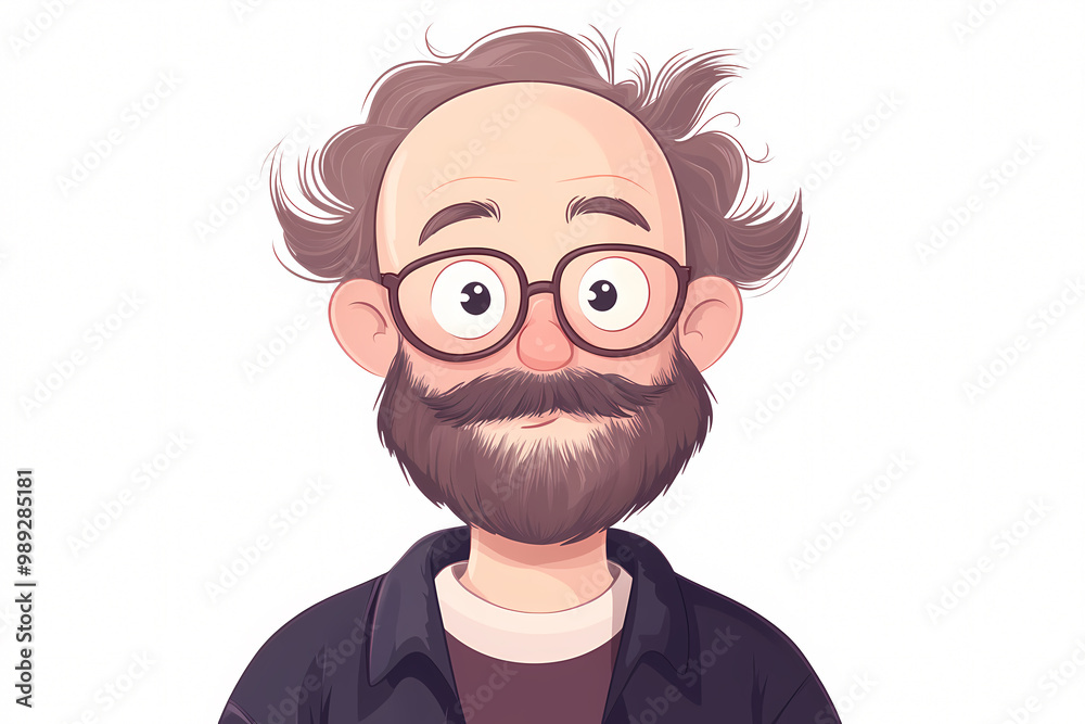 A cartoon man with glasses and a beard is smiling. He is wearing a black jacket and a white shirt A cartoon man with glasses and a beard is smiling. He is wearing a black jacket and a white shirt