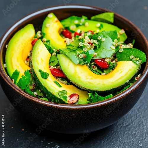 Fresh avocado salad with quinoa and herbs in a stylish bowl photo