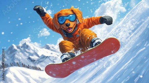 Cartoon dog snowboarding in a halfpipe, midtrick, vibrant snow and sky backdrop