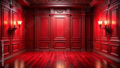 Classic luxurious empty red room with wooden panels on the walls and parquet on the floor