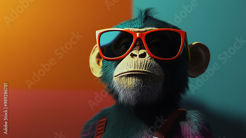 A colorful cartoon monkey wearing sunglasses poses confidently in vibrant surroundings photo